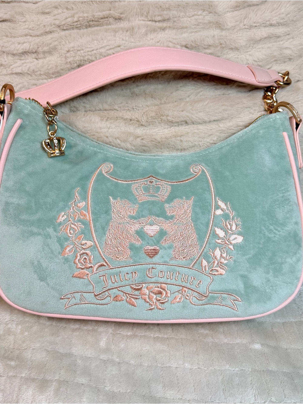 NWT Viral Juicy Couture New Love Chapter Shoulder Bag Frosty Green Velour Crest - Picture 10 of 16